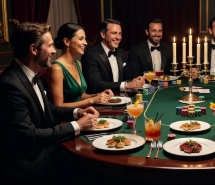 Vendégek elegáns pókerasztalnál, fine dining fogásokkal és koktélokkal.